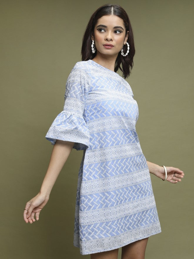 Women Blue Embroidered A-Line Dress