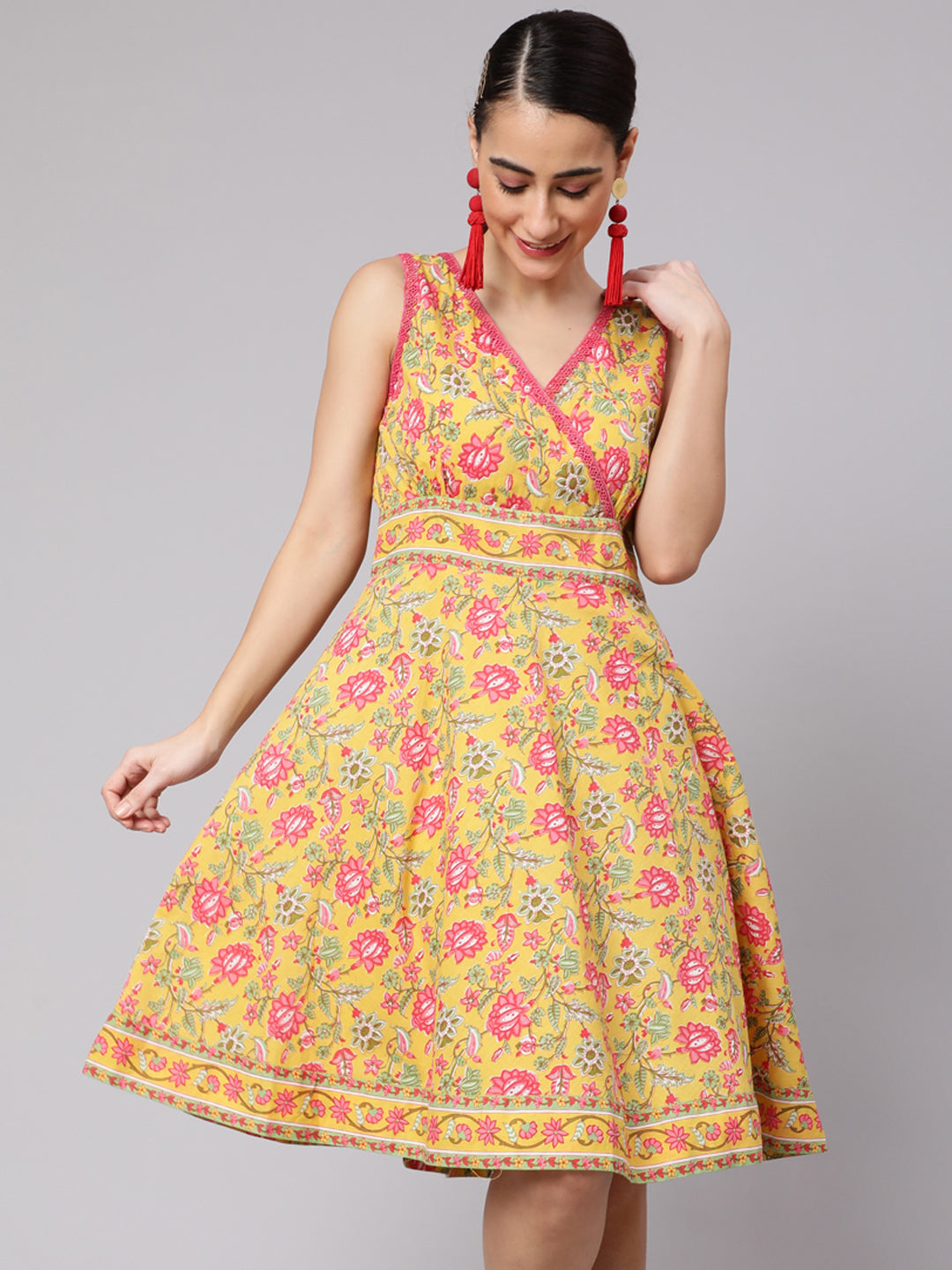 Yellow Floral Print A-Line Dress ki