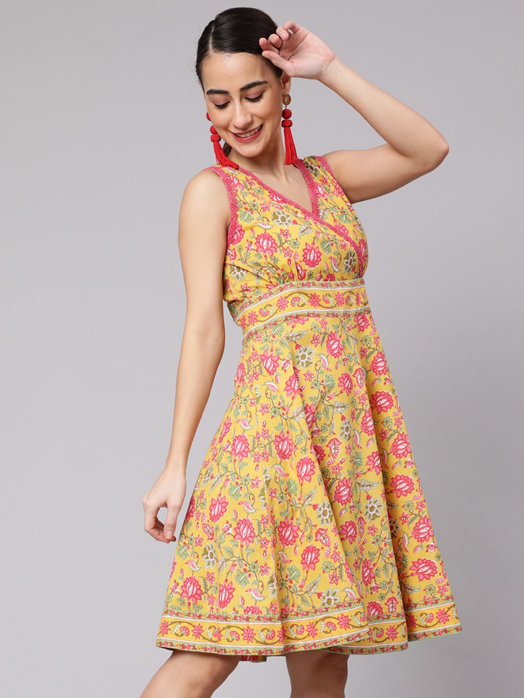 Yellow Floral Print A-Line Dress ki