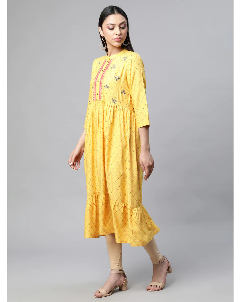 Yellow Rayon Printed Flared Kurta