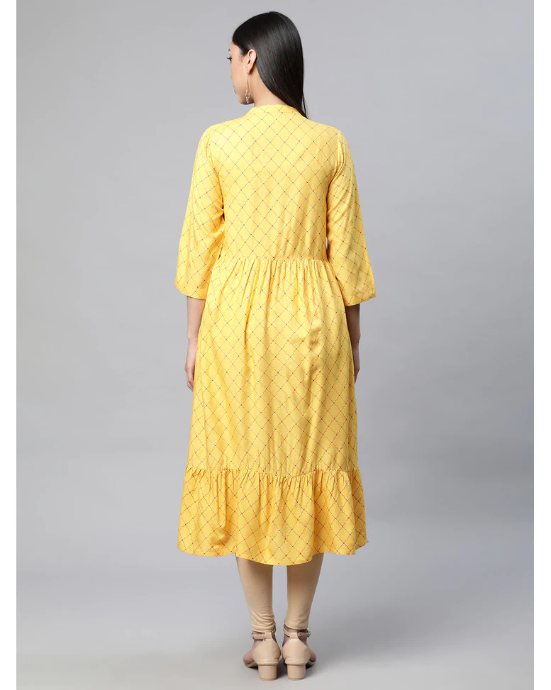 Yellow Rayon Printed Flared Kurta