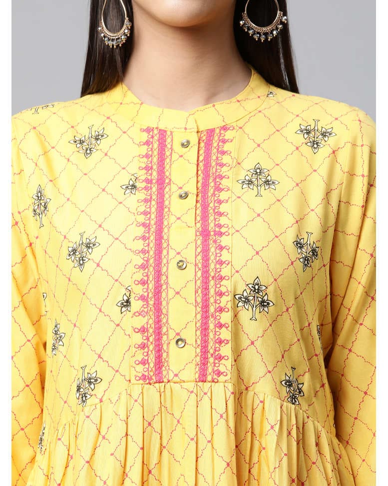 Yellow Rayon Printed Flared Kurta