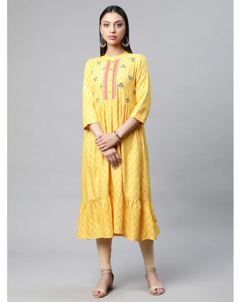 Yellow Rayon Printed Flared Kurta