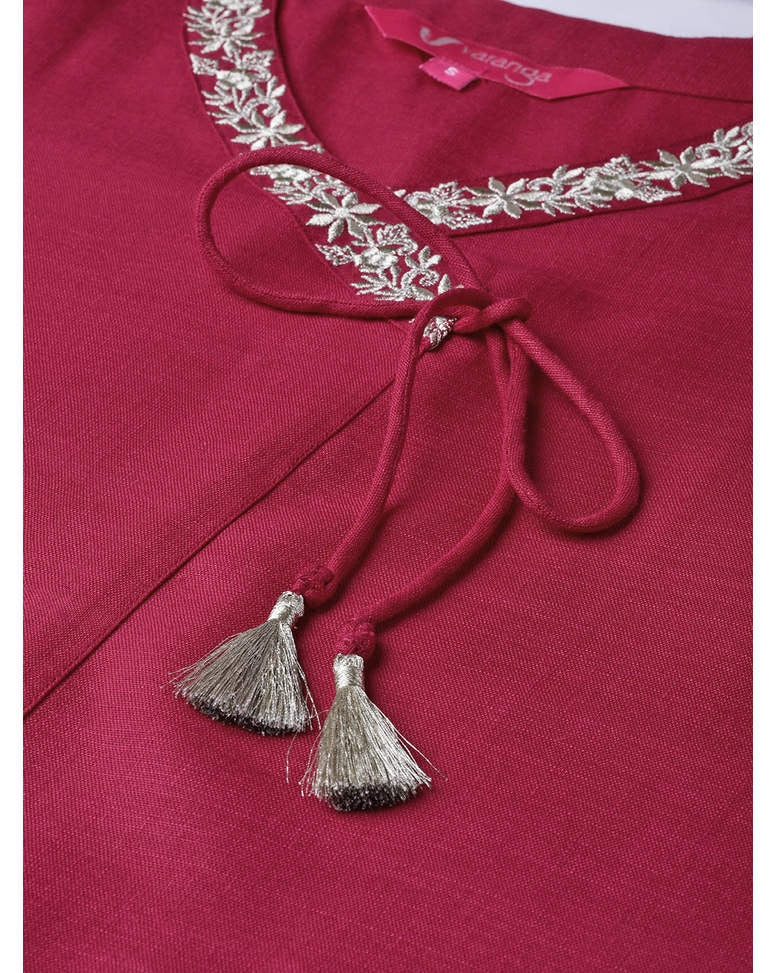 Magenta Cotton Embroidered Straight Kurta