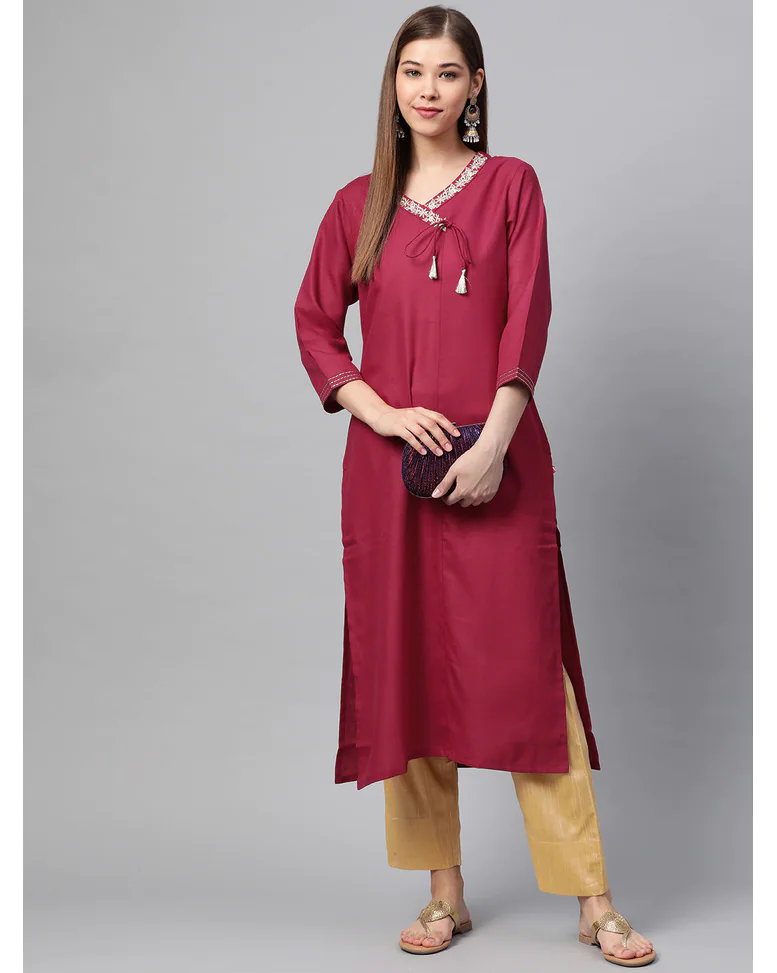 Magenta Cotton Embroidered Straight Kurta