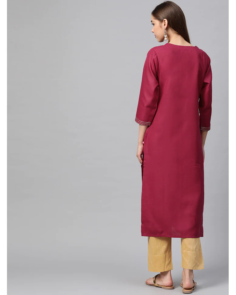 Magenta Cotton Embroidered Straight Kurta