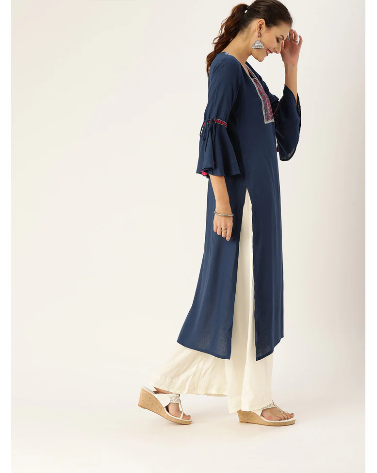 Blue Viscose Embroidered Straight Kurta