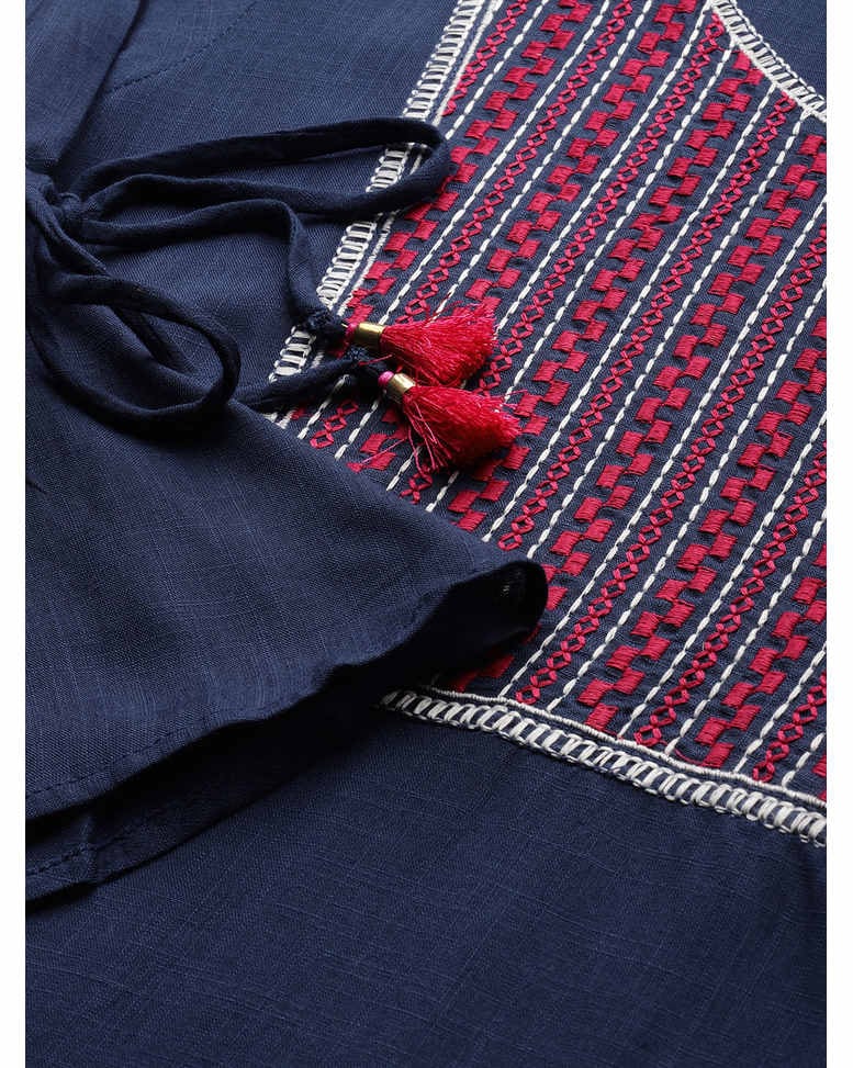 Blue Viscose Embroidered Straight Kurta