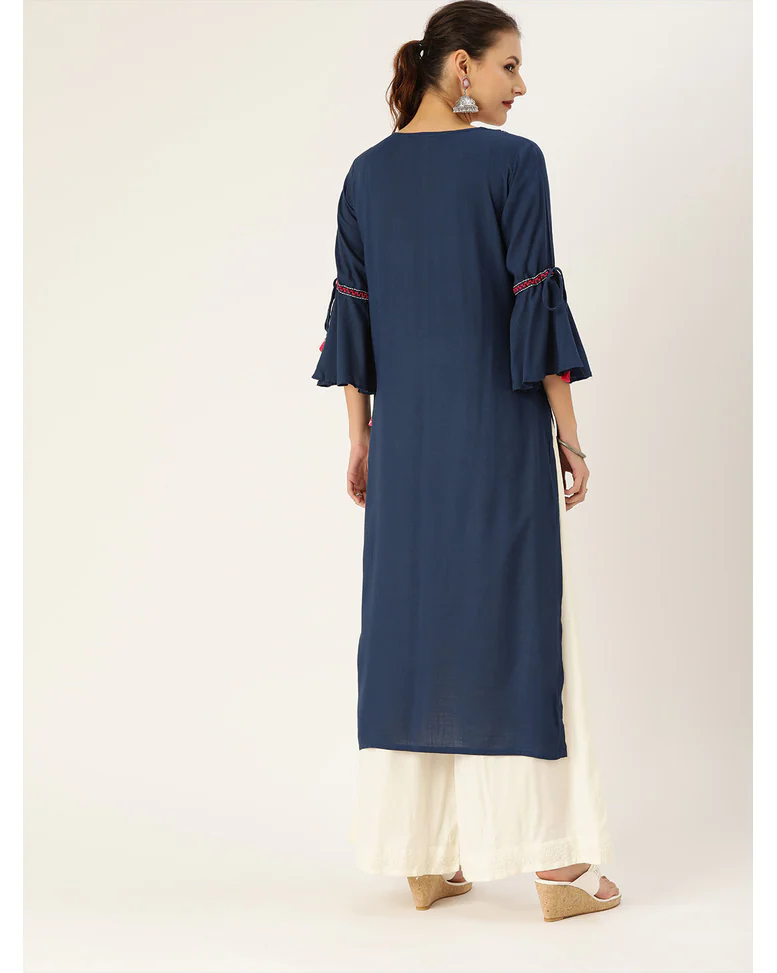 Blue Viscose Embroidered Straight Kurta