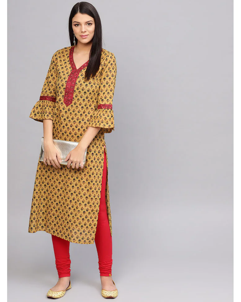 Mustard Cotton Printed Straight Kurta