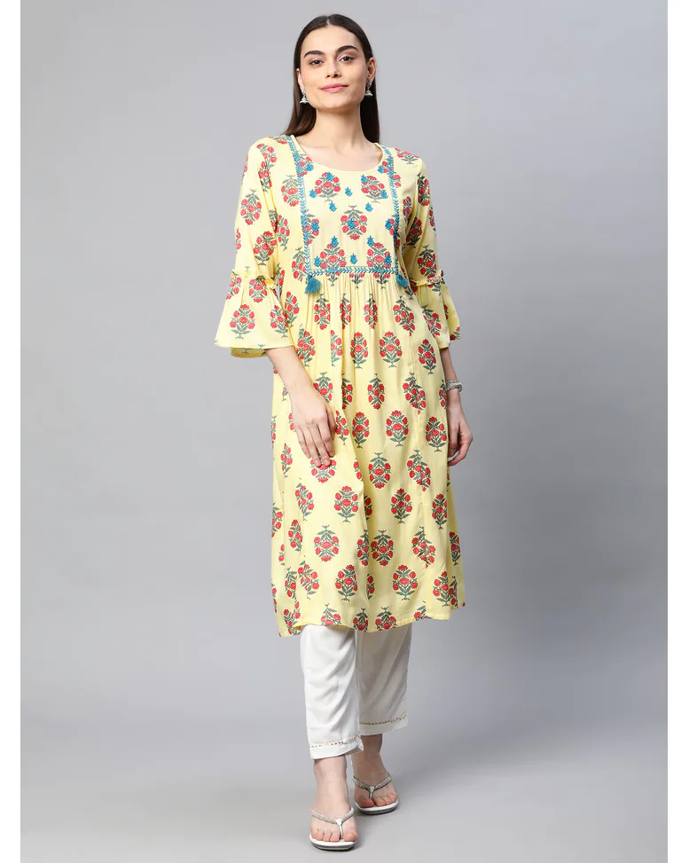 Yellow Rayon Printed Flared Kurta