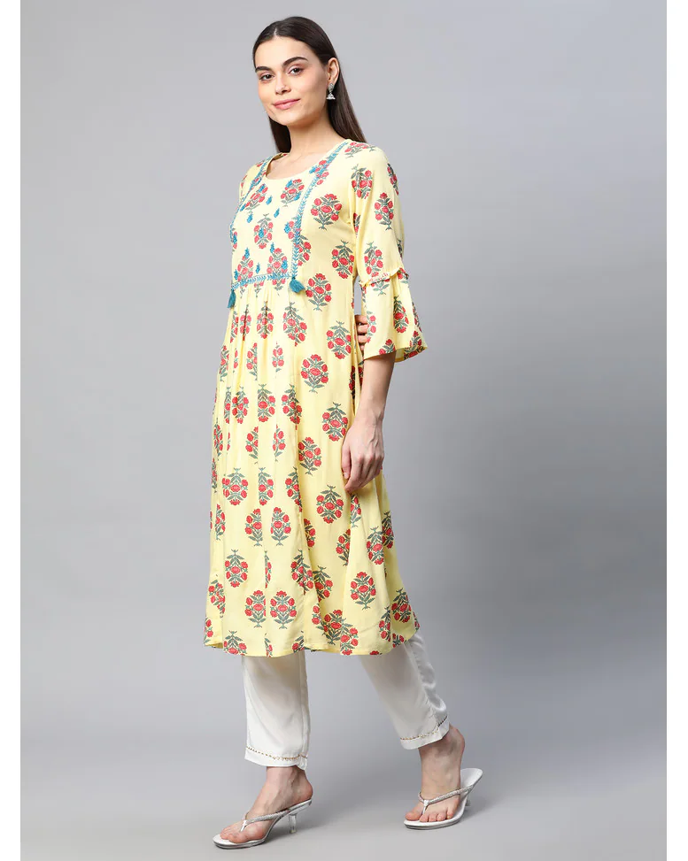 Yellow Rayon Printed Flared Kurta