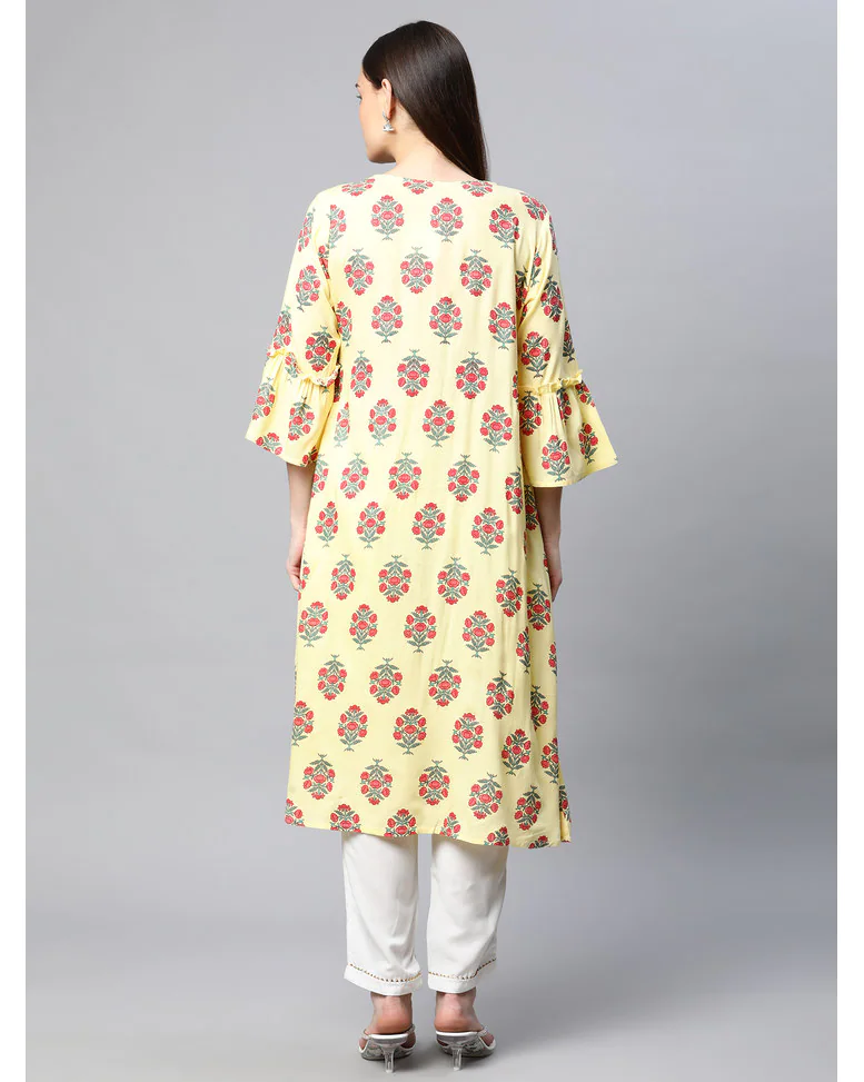 Yellow Rayon Printed Flared Kurta