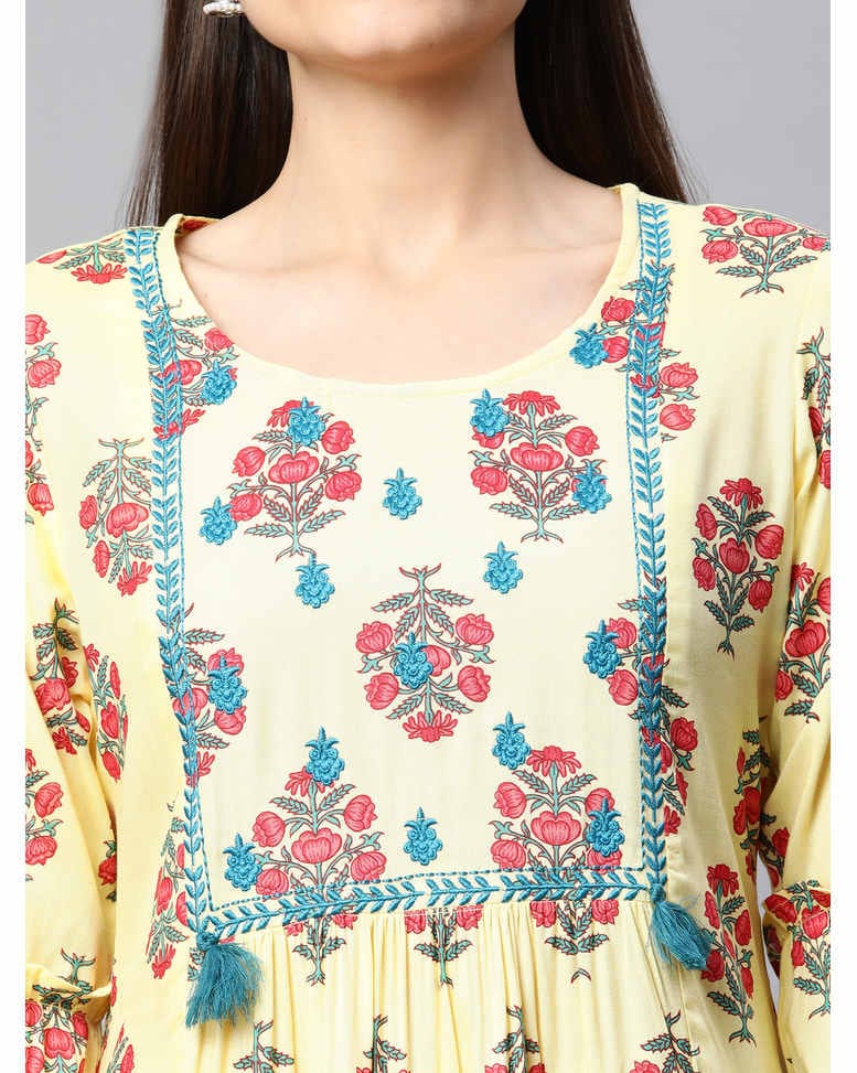 Yellow Rayon Printed Flared Kurta