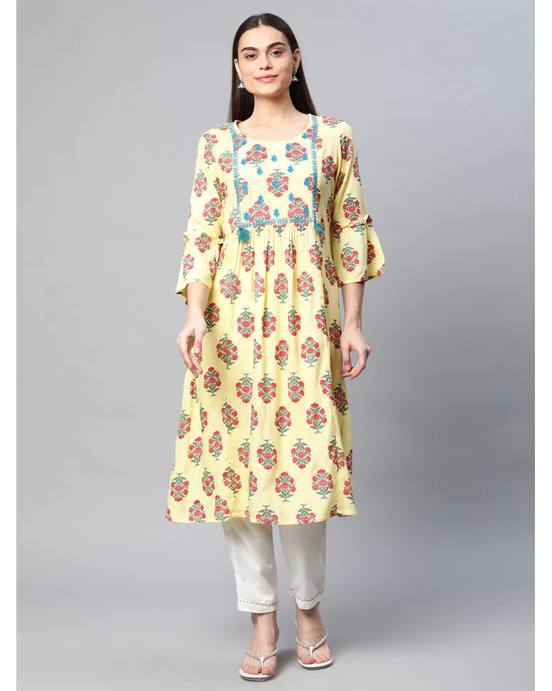 Yellow Rayon Printed Flared Kurta