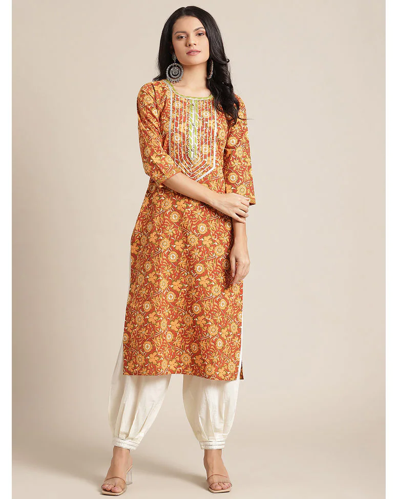Mustard Cotton Printed Straight Kurta