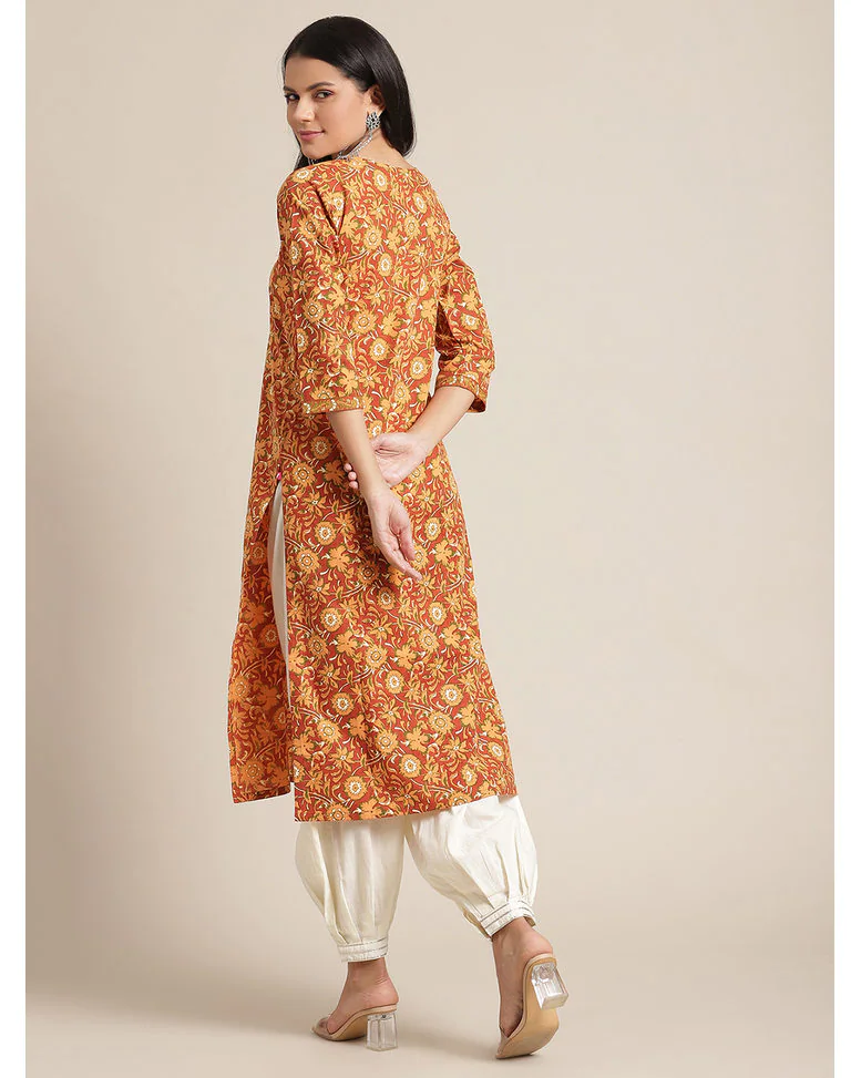Mustard Cotton Printed Straight Kurta