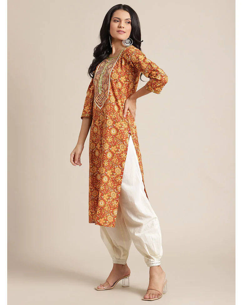 Mustard Cotton Printed Straight Kurta