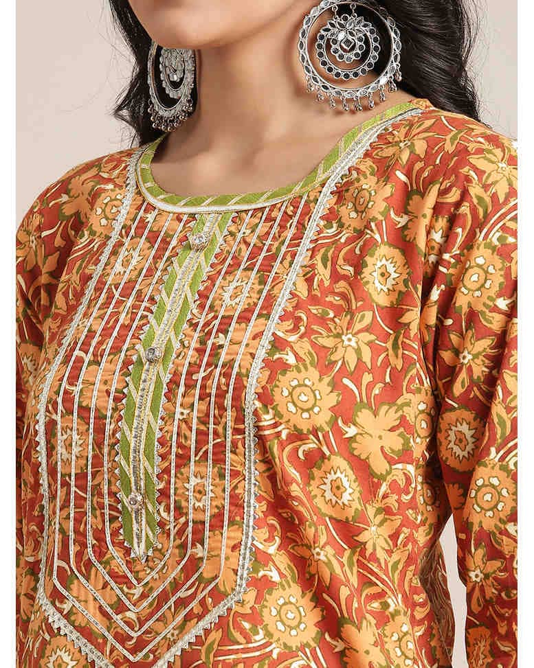 Mustard Cotton Printed Straight Kurta