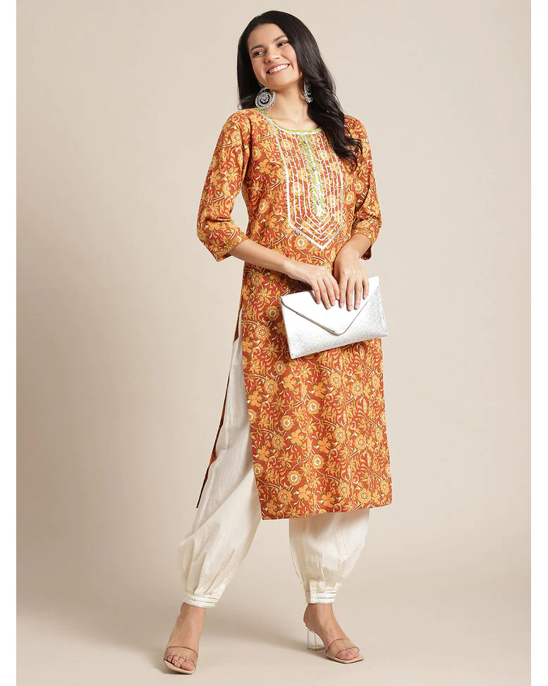 Mustard Cotton Printed Straight Kurta