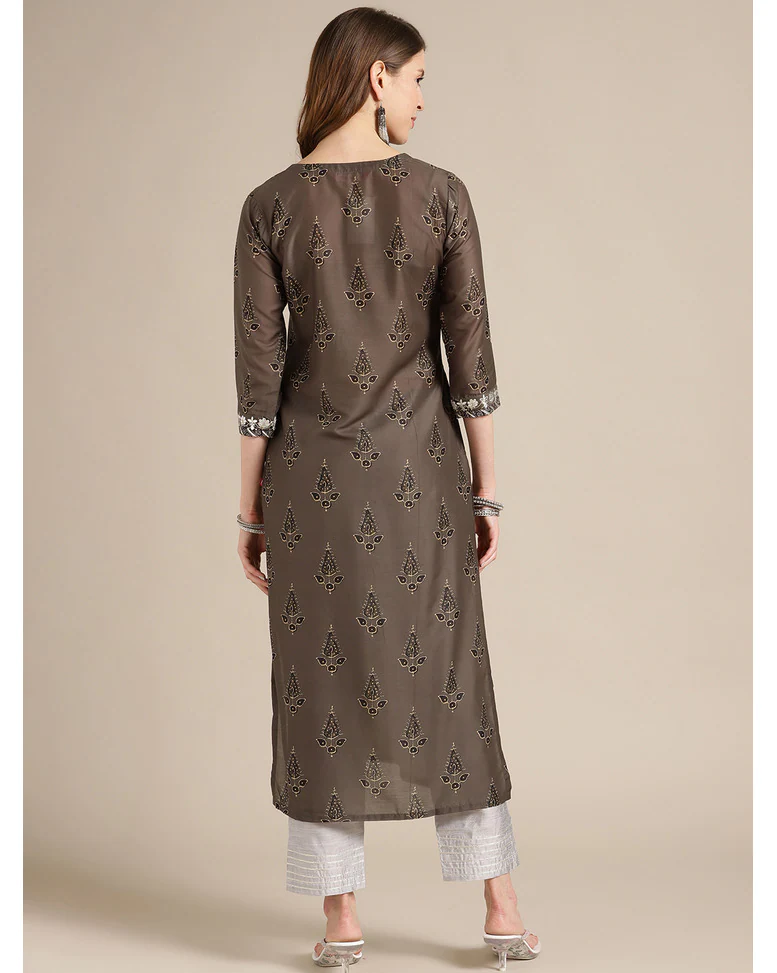 Olive Silk Embellished Straight Kurta