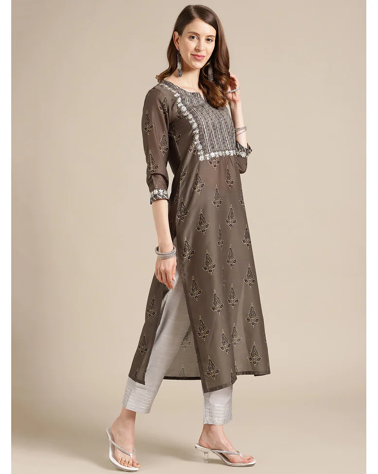 Olive Silk Embellished Straight Kurta