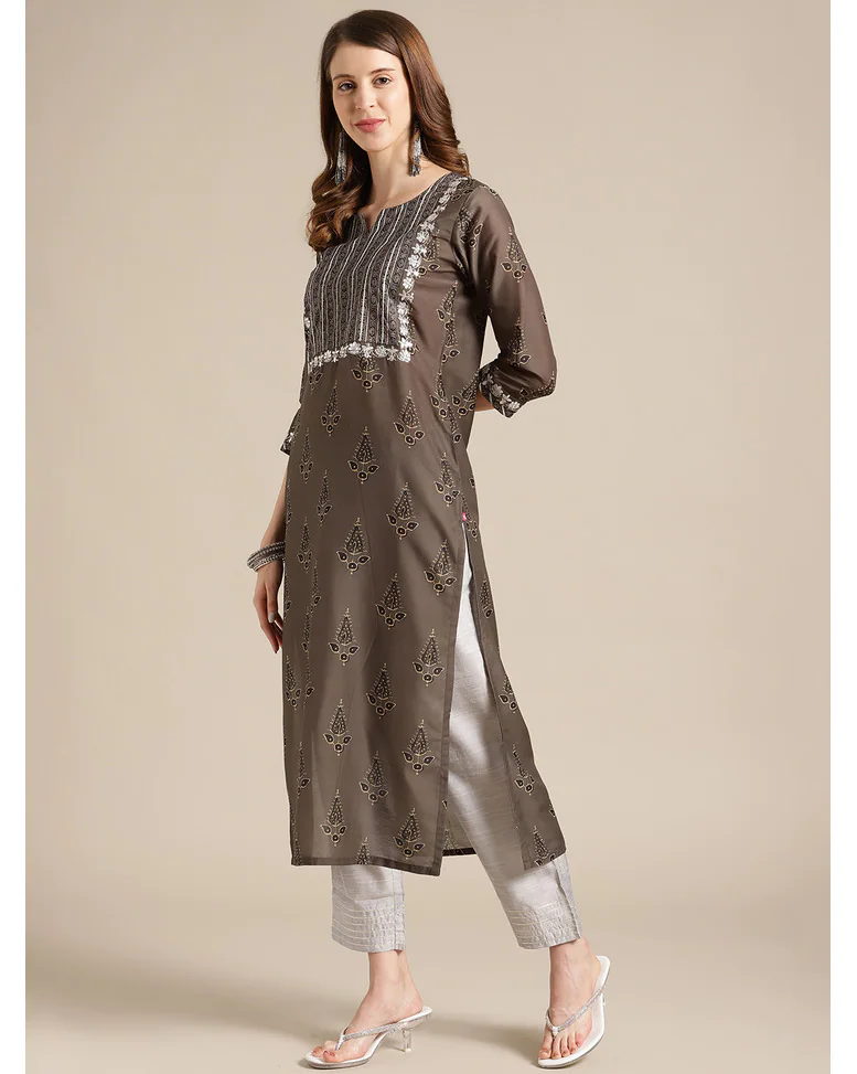 Olive Silk Embellished Straight Kurta