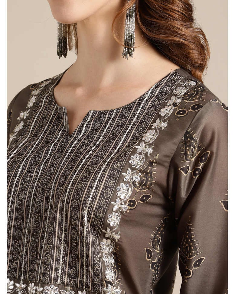 Olive Silk Embellished Straight Kurta