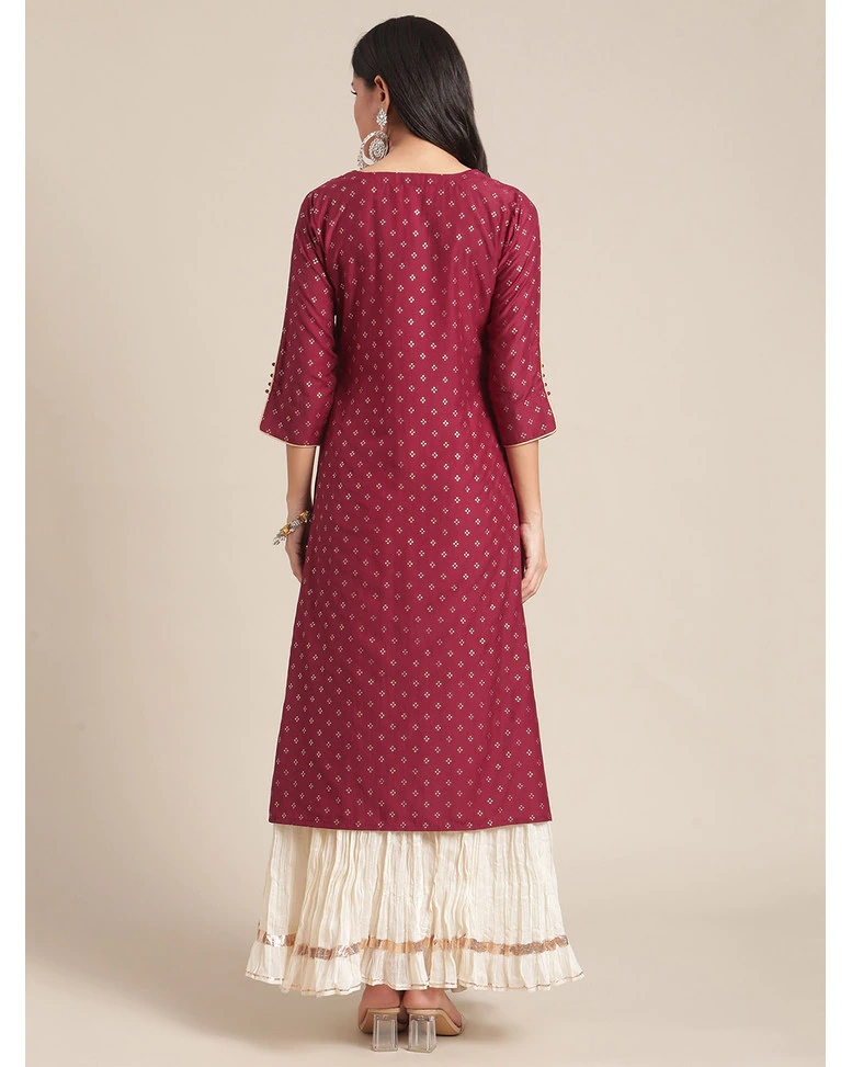 Maroon Silk Embroidered Straight Kurta