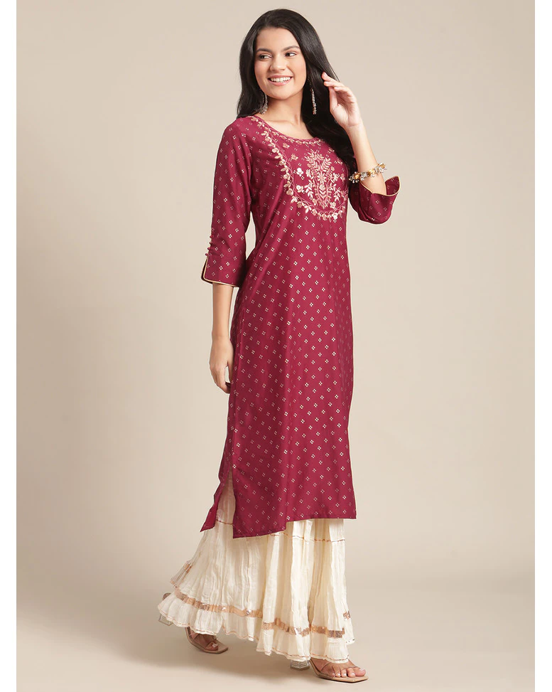 Maroon Silk Embroidered Straight Kurta