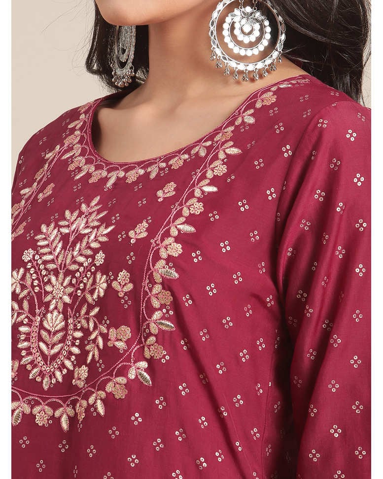 Maroon Silk Embroidered Straight Kurta