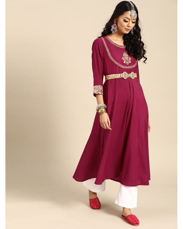 Magenta Silk Embroidered Anarkali Kurta
