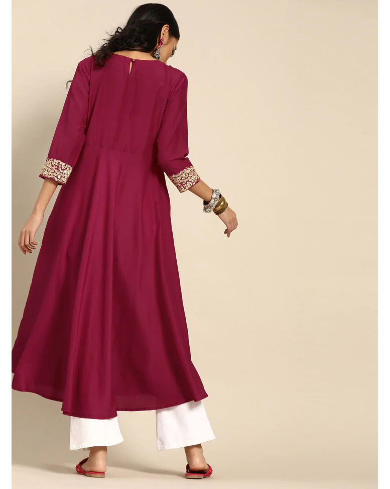 Magenta Silk Embroidered Anarkali Kurta
