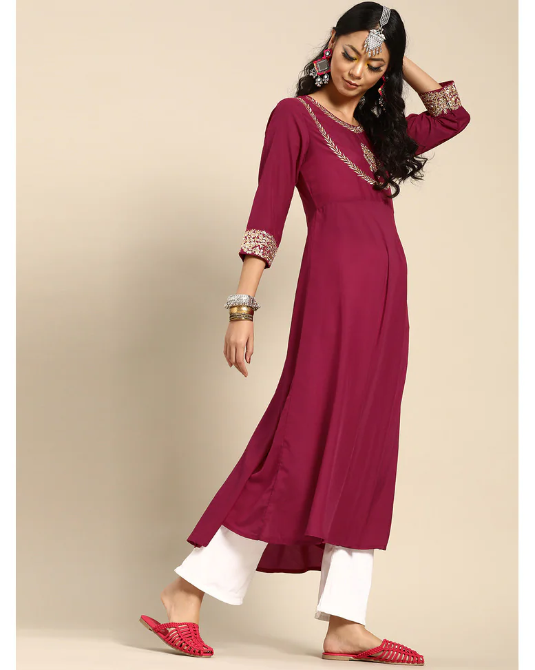 Magenta Silk Embroidered Anarkali Kurta