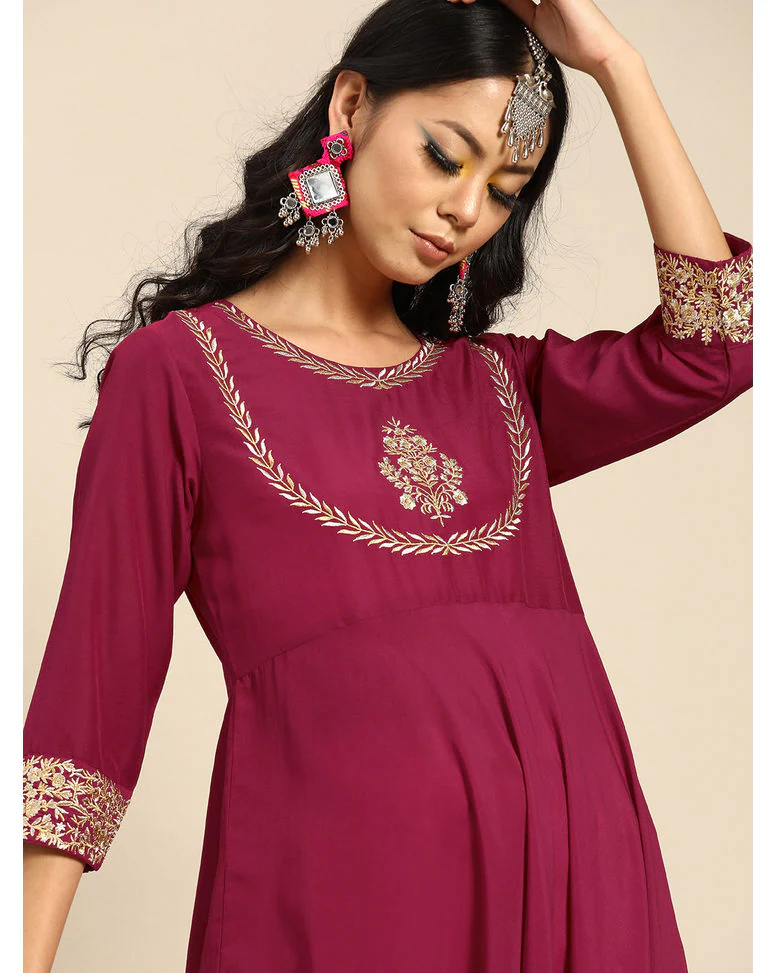 Magenta Silk Embroidered Anarkali Kurta