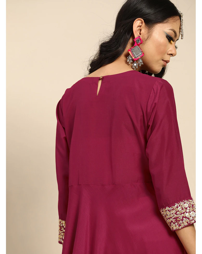 Magenta Silk Embroidered Anarkali Kurta