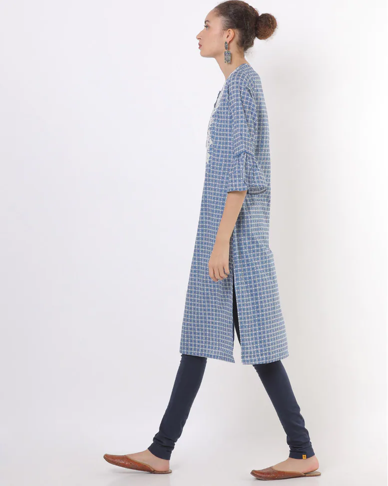 Blue Cotton Printed Straight Kurta
