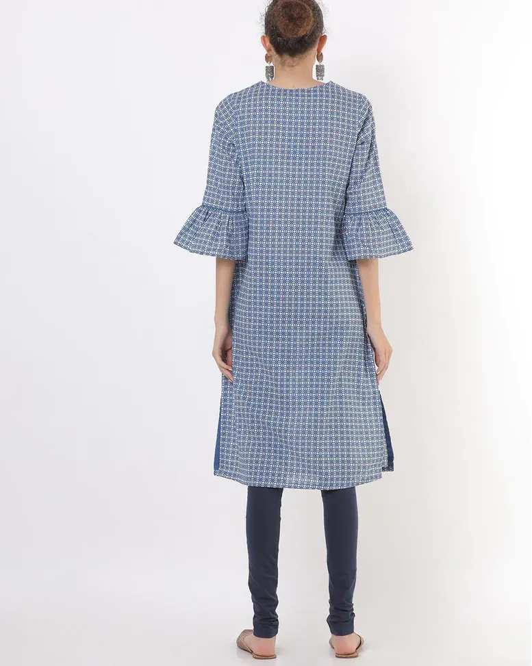 Blue Cotton Printed Straight Kurta