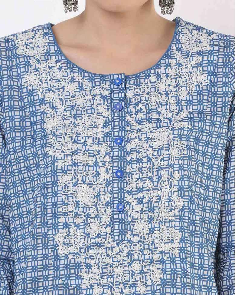 Blue Cotton Printed Straight Kurta