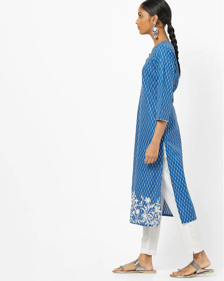 Blue Blended Printed Straight Kurta