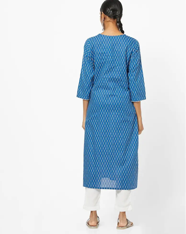 Blue Blended Printed Straight Kurta