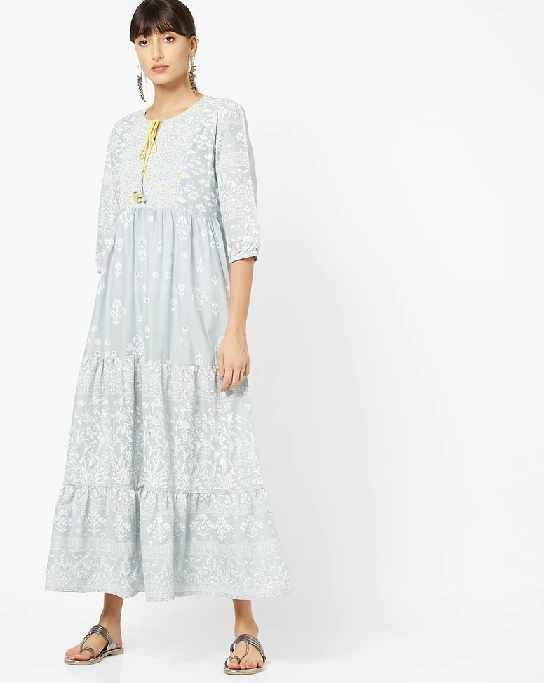 Grey Cambric cotton Printed Gown Dress