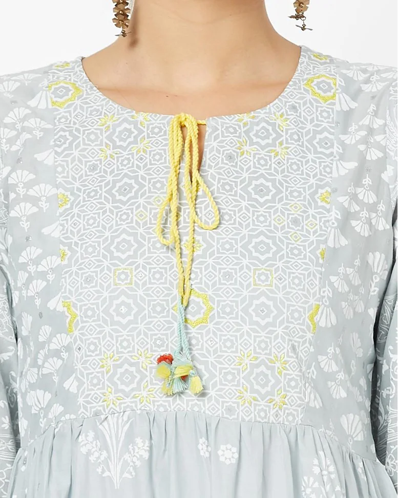 Grey Cambric cotton Printed Gown Dress