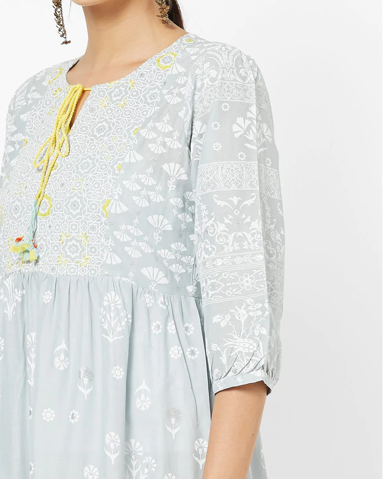 Grey Cambric cotton Printed Gown Dress