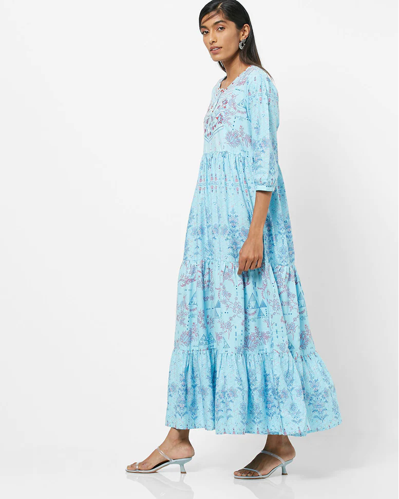 Sky Blue Cotton Printed Gown Dress