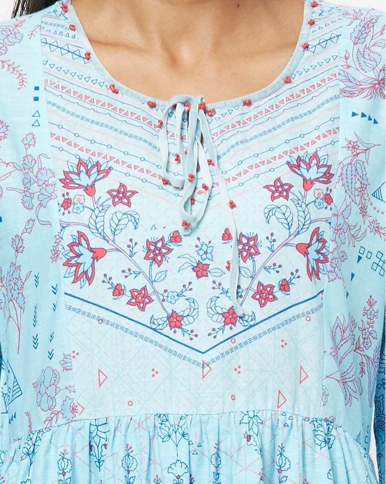 Sky Blue Cotton Printed Gown Dress