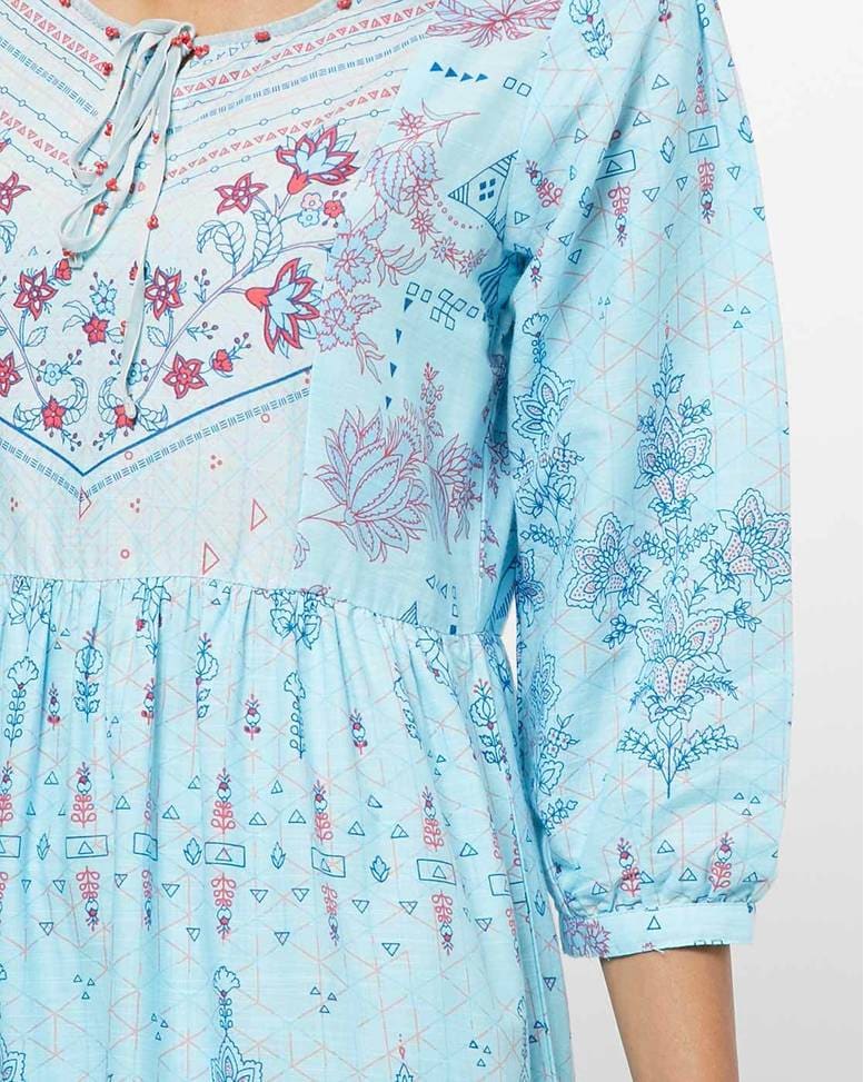 Sky Blue Cotton Printed Gown Dress