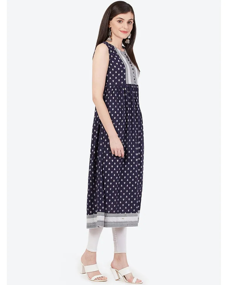 Navy Cotton Printed A-line Kurta