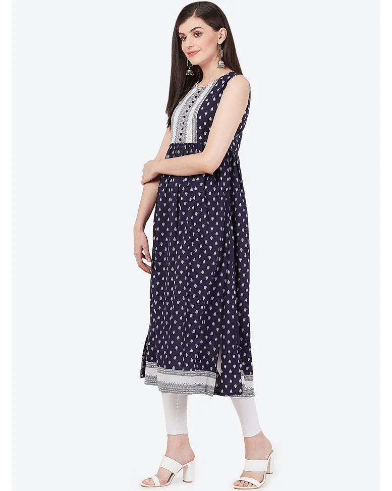 Navy Cotton Printed A-line Kurta