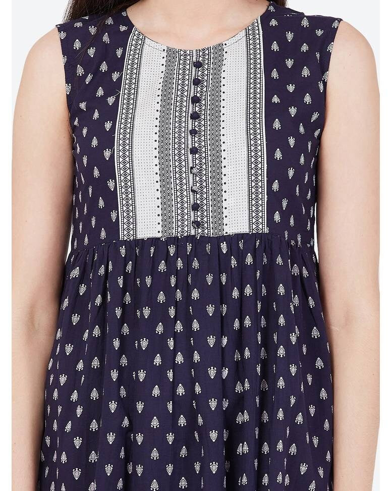 Navy Cotton Printed A-line Kurta